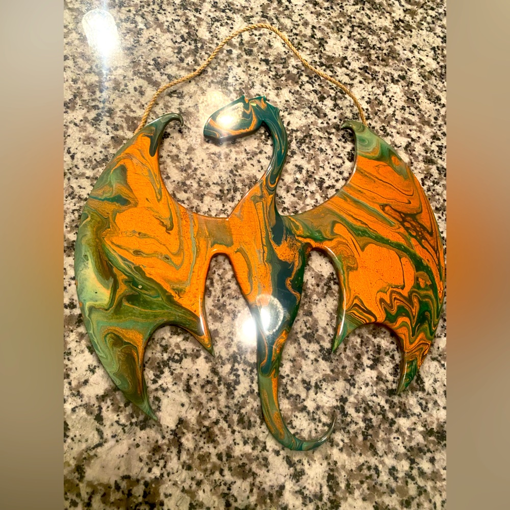 Handmade Wood and Acrylic Dragon Hanging Wall Art 14” x 14”